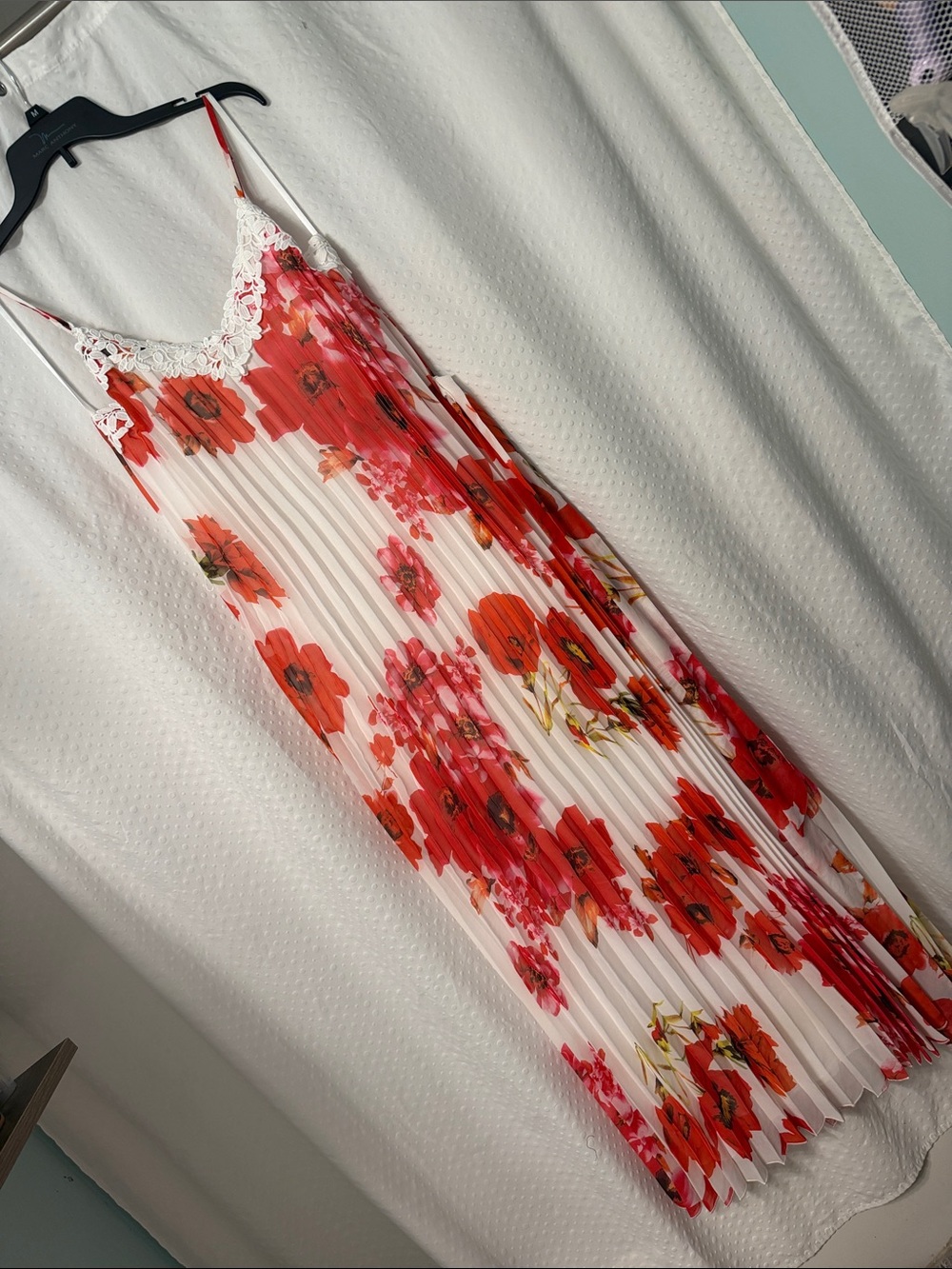 Floral Red Pleated Maxi Slip Dress with Lace Trim Size 8